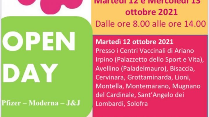 Asl Avellino, Campagna vaccinale anti-Covid: Open day 12 e 13 ottobre